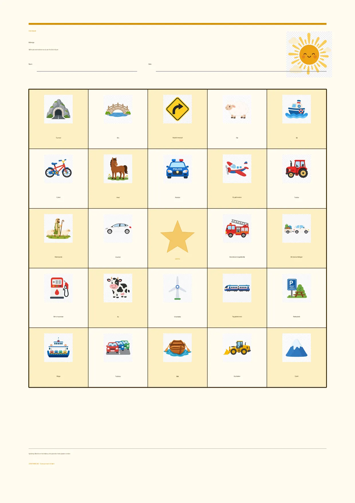 Bilbingo for børn 7–9 år – Sommer-tema – gratis printbar A4-plade