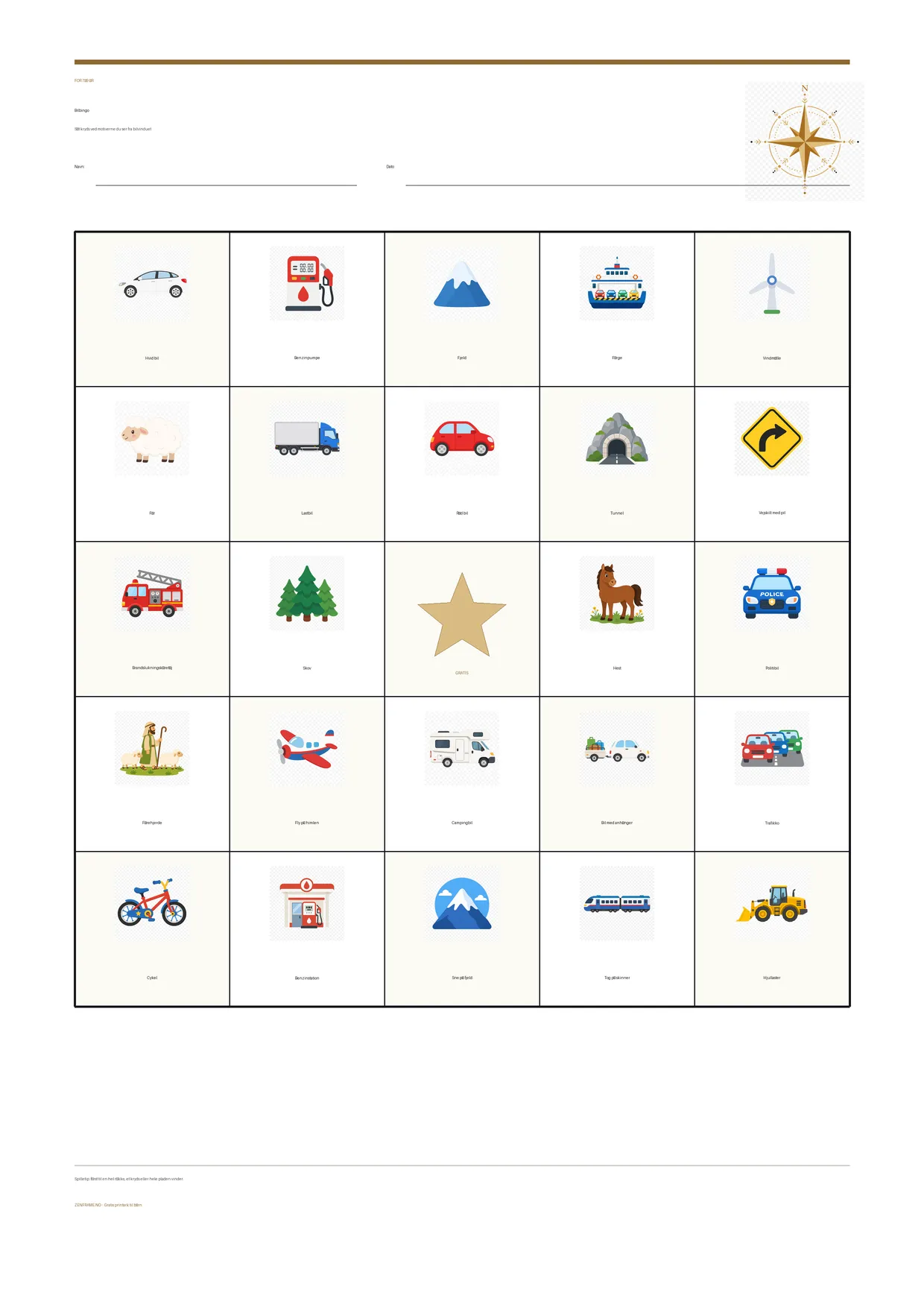 Bilbingo for børn 7–9 år – gratis printbar A4-plade
