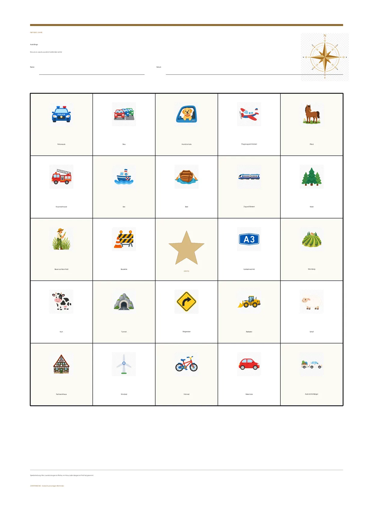 Auto-Bingo für Kinder 10–12 Jahre – kostenlose A4-Vorlage zum Ausdrucken