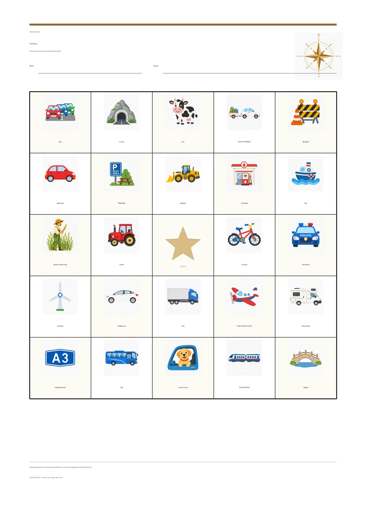 Auto-Bingo für Kinder 4–6 Jahre – kostenlose A4-Vorlage zum Ausdrucken
