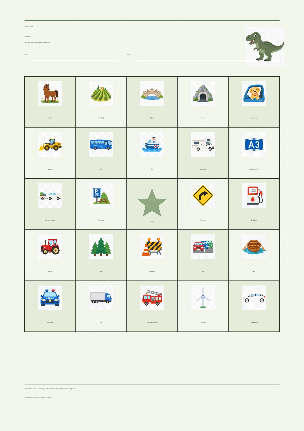 Auto-Bingo für Kinder 7–9 Jahre – Dinosaurier-Design – kostenlose A4-Vorlage zum Ausdrucken