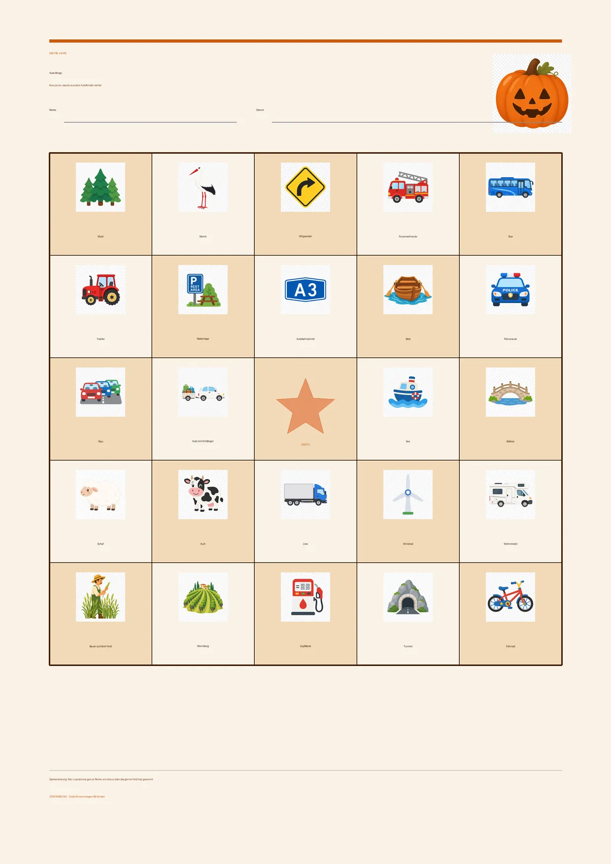 Auto-Bingo für Kinder 7–9 Jahre – Halloween-Design – kostenlose A4-Vorlage zum Ausdrucken