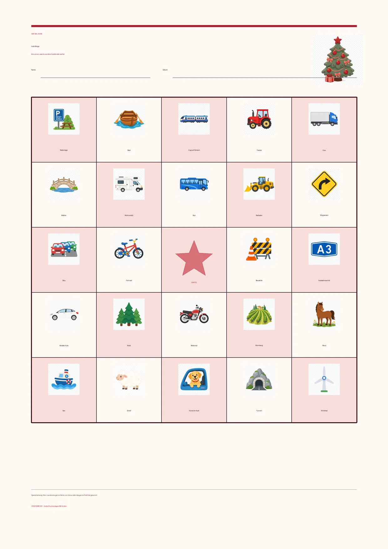 Auto-Bingo für Kinder 7–9 Jahre – Weihnachten-Design – kostenlose A4-Vorlage zum Ausdrucken