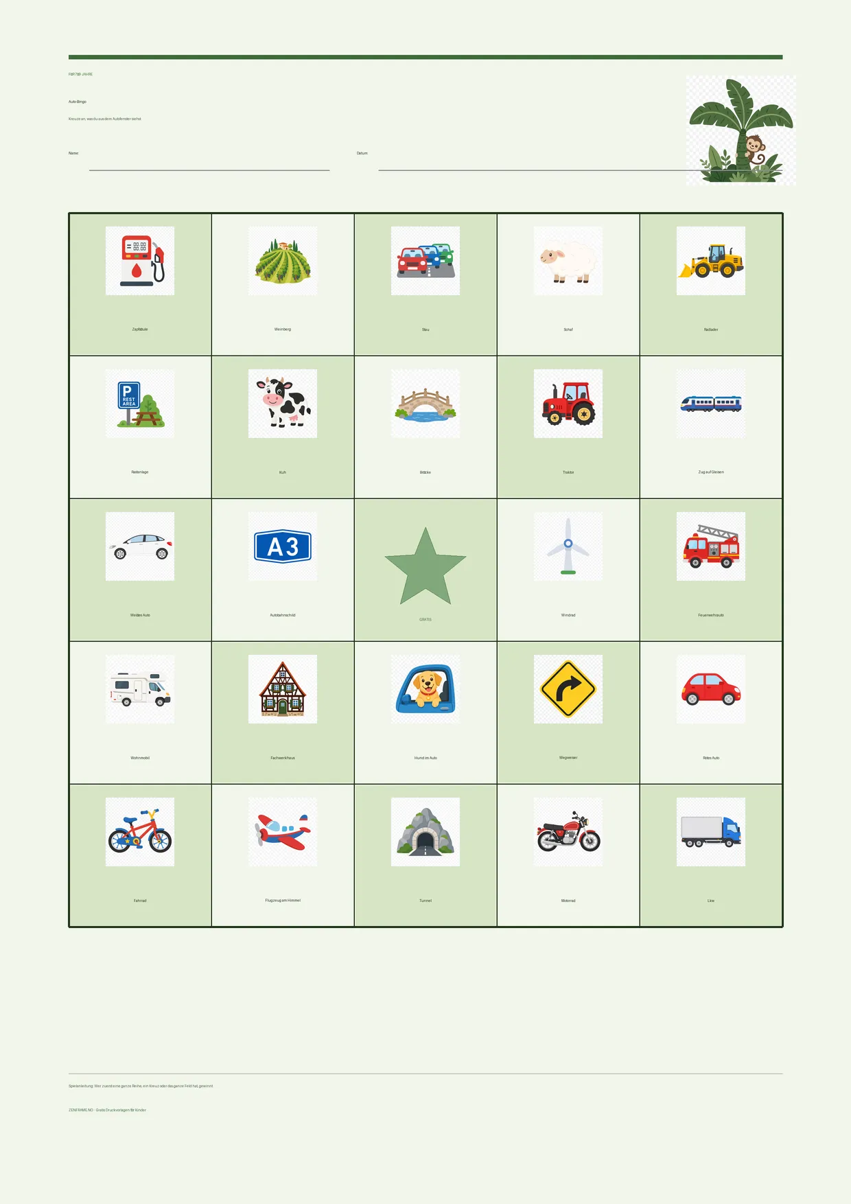Auto-Bingo für Kinder 7–9 Jahre – Dschungel-Design – kostenlose A4-Vorlage zum Ausdrucken