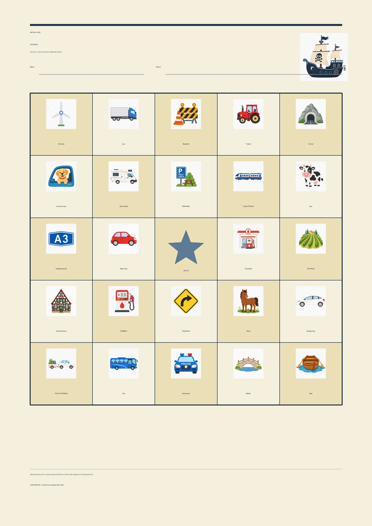 Auto-Bingo für Kinder 7–9 Jahre – Pirat-Design – kostenlose A4-Vorlage zum Ausdrucken