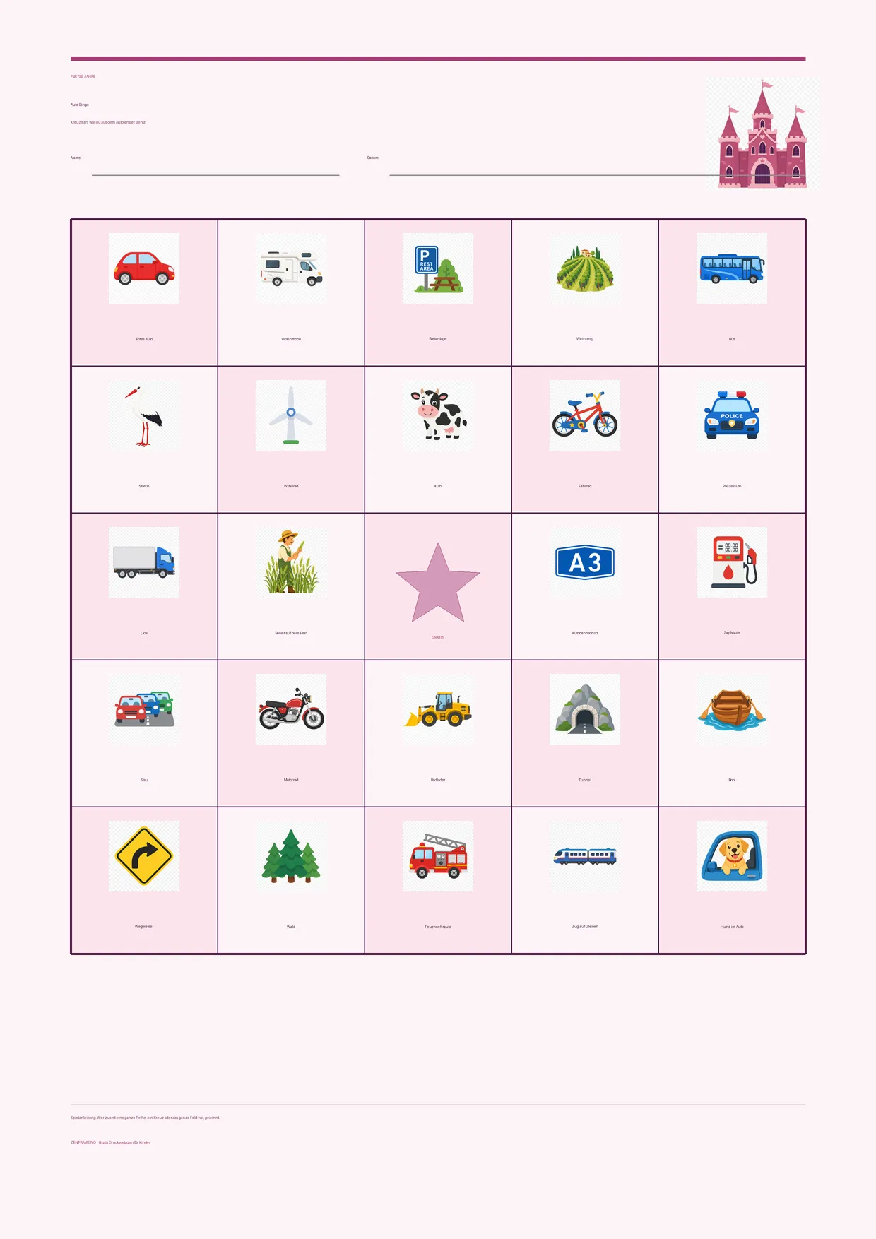 Auto-Bingo für Kinder 7–9 Jahre – Prinzessin-Design – kostenlose A4-Vorlage zum Ausdrucken