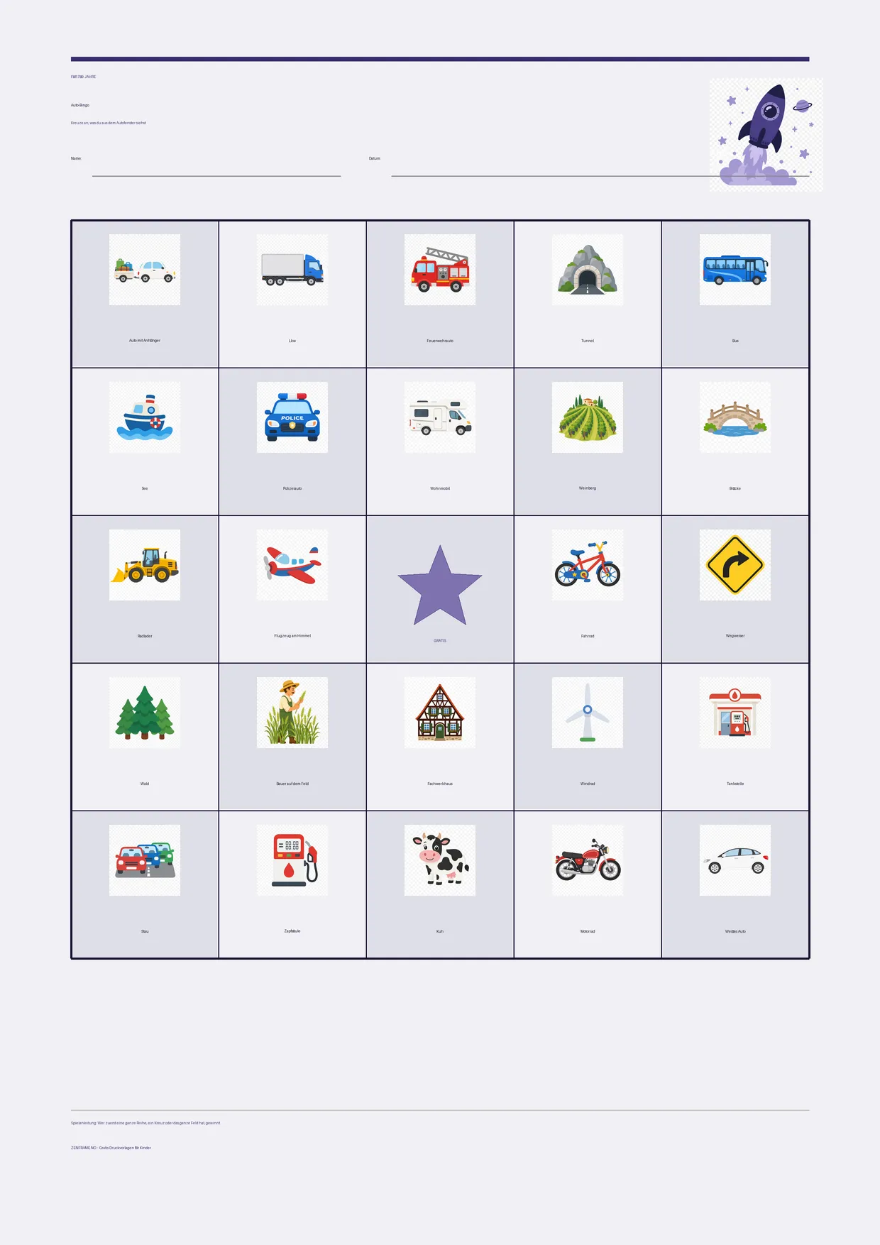 Auto-Bingo für Kinder 7–9 Jahre – Weltraum-Design – kostenlose A4-Vorlage zum Ausdrucken