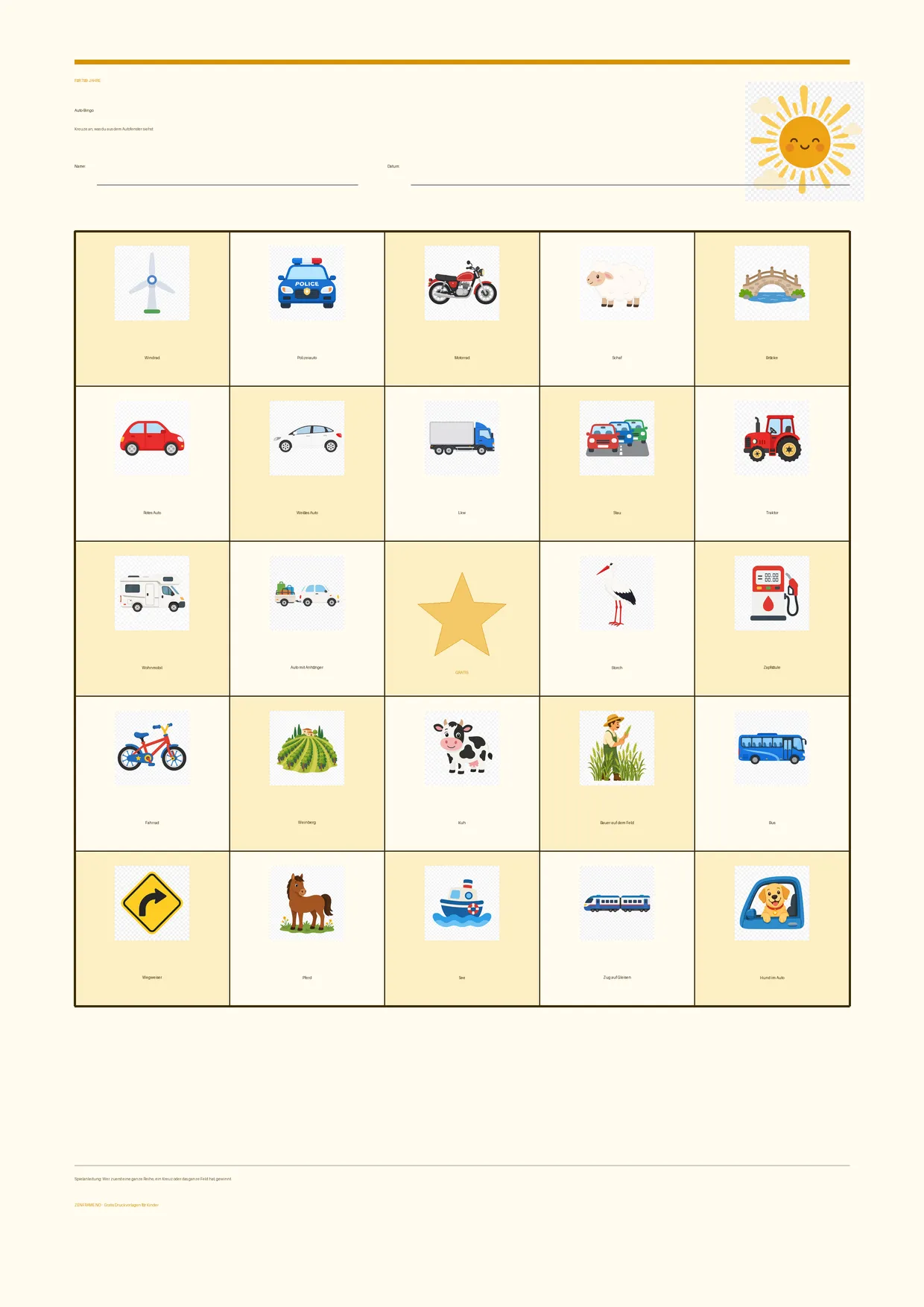 Auto-Bingo für Kinder 7–9 Jahre – Sommer-Design – kostenlose A4-Vorlage zum Ausdrucken