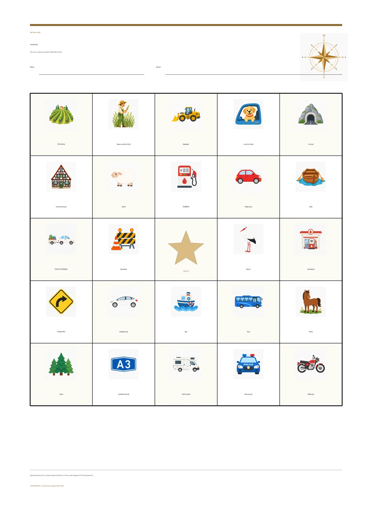 Auto-Bingo für Kinder 7–9 Jahre – kostenlose A4-Vorlage zum Ausdrucken