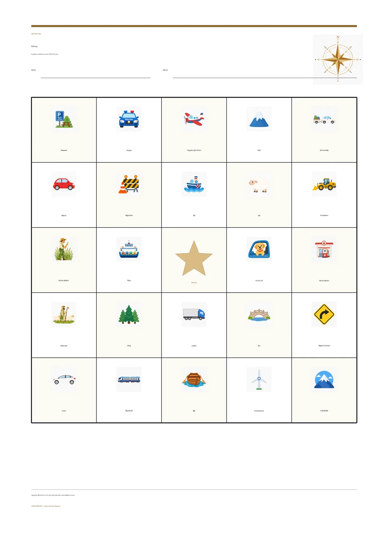 Bilbingo för barn 10–12 år – gratis utskrivbart A4-bräde