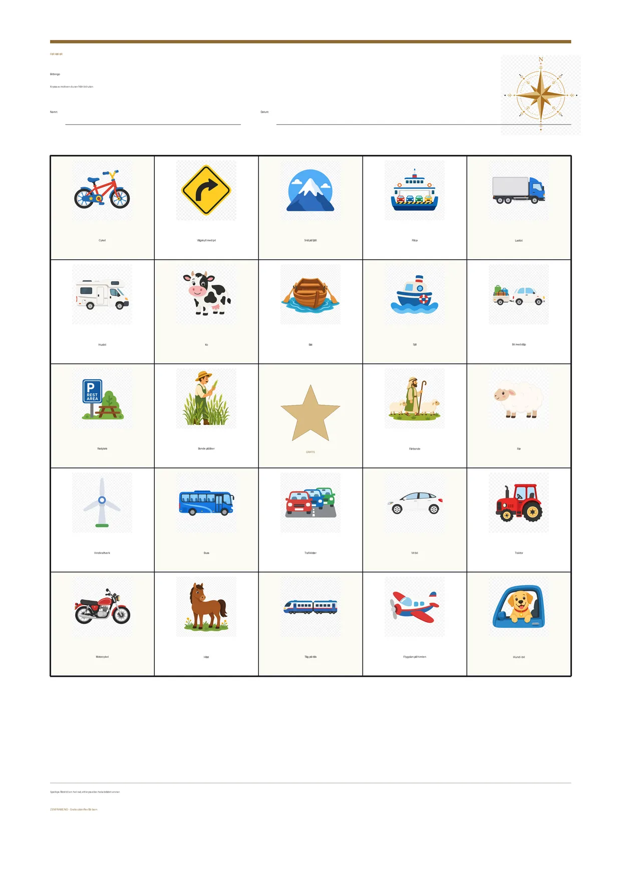 Bilbingo för barn 4–6 år – gratis utskrivbart A4-bräde