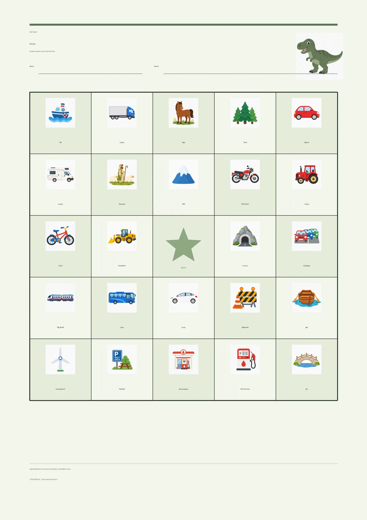 Bilbingo för barn 7–9 år – Dinosaurie-tema – gratis utskrivbart A4-bräde