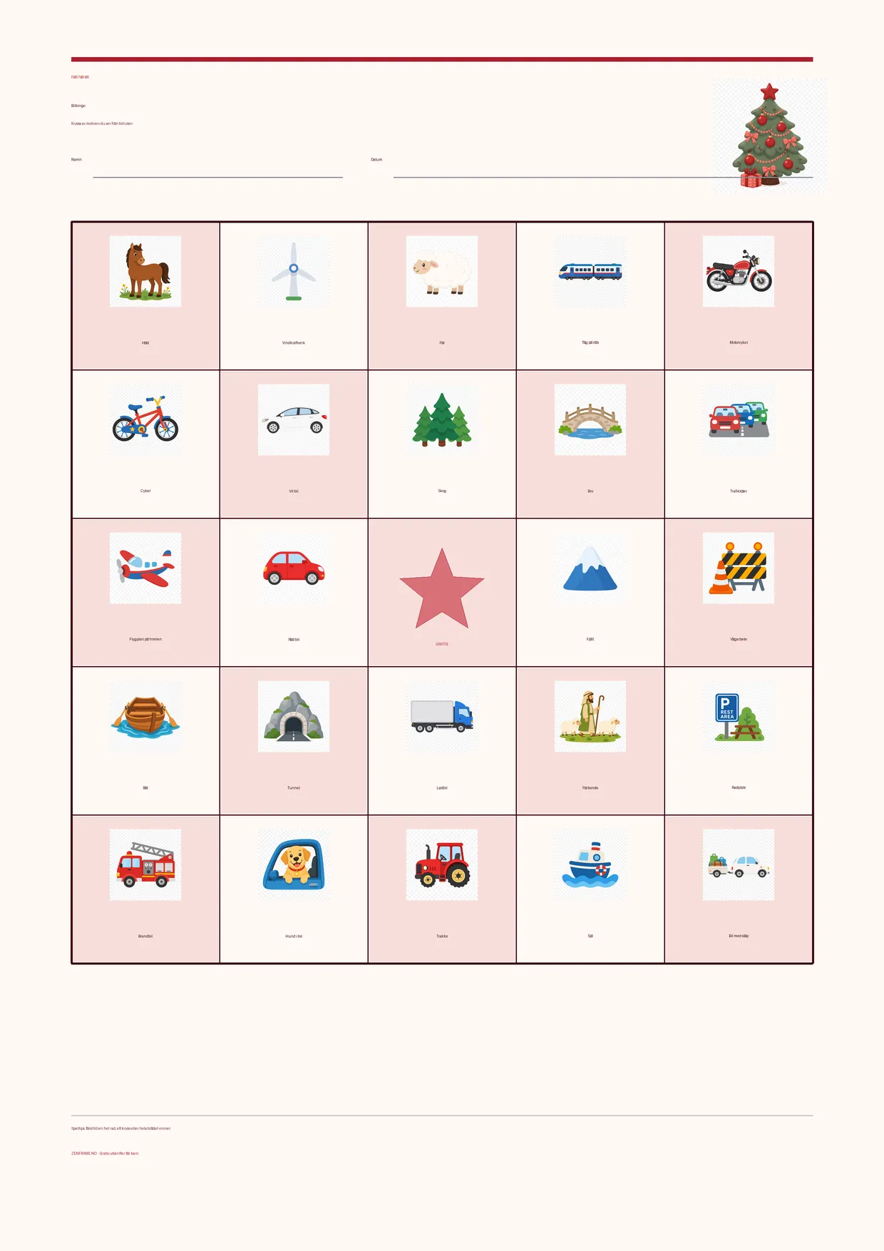 Bilbingo för barn 7–9 år – Jul-tema – gratis utskrivbart A4-bräde