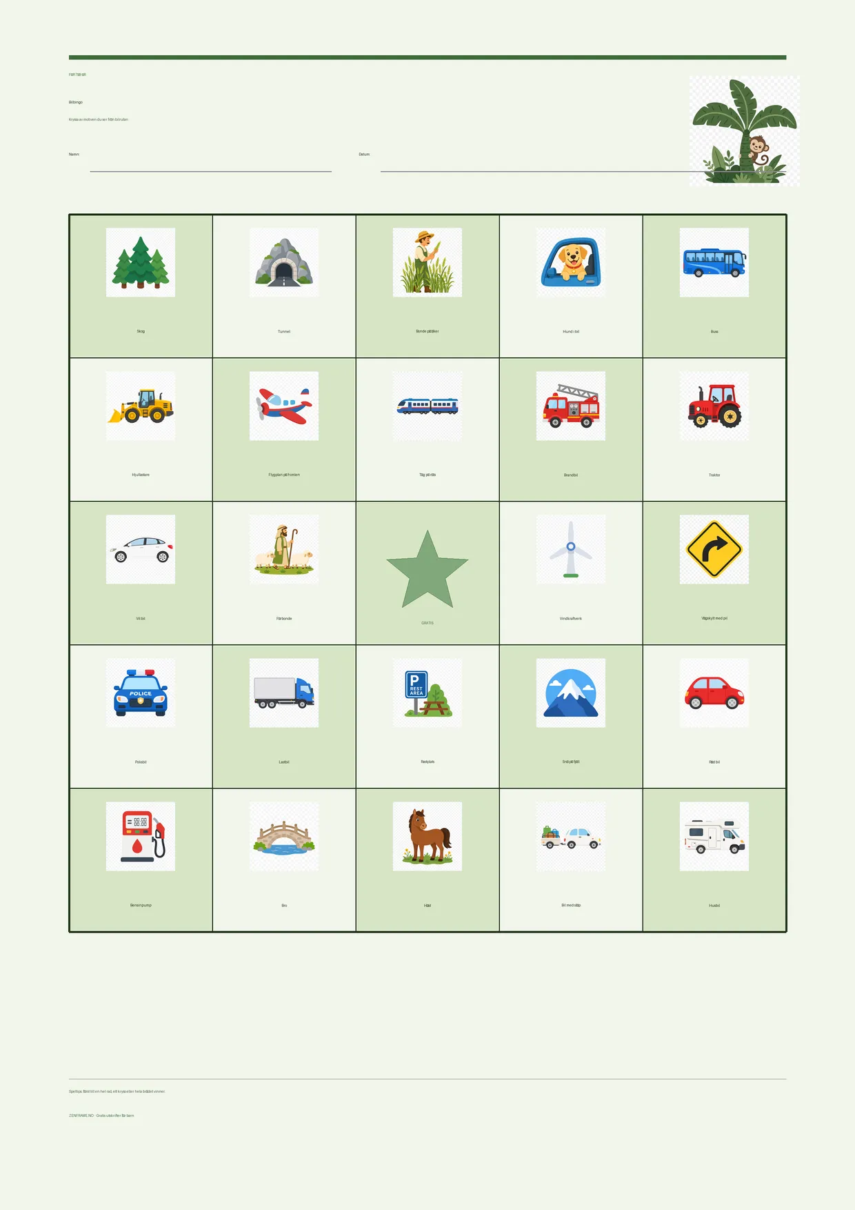 Bilbingo för barn 7–9 år – Djungel-tema – gratis utskrivbart A4-bräde