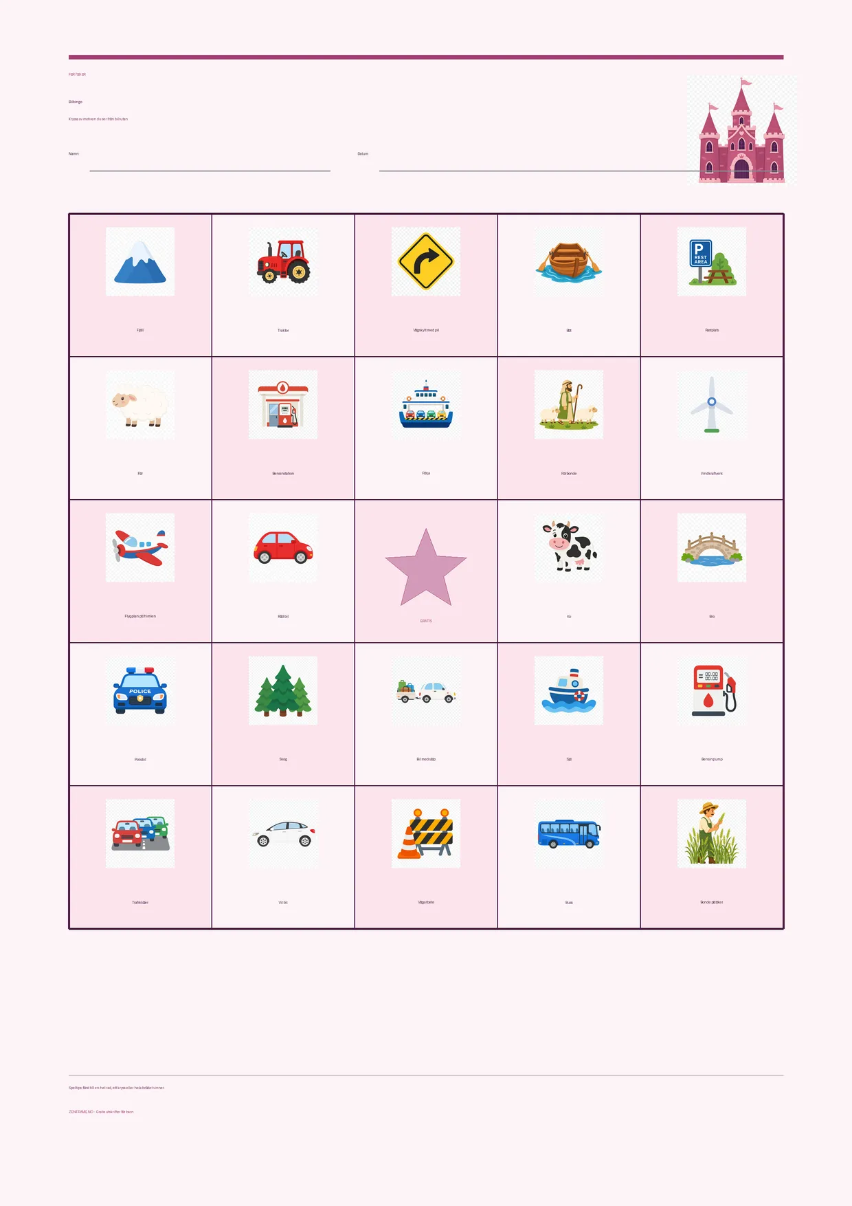 Bilbingo för barn 7–9 år – Prinsessa-tema – gratis utskrivbart A4-bräde