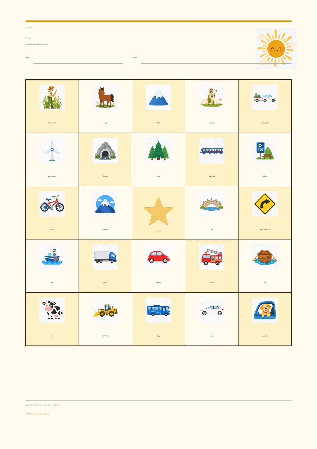 Bilbingo för barn 7–9 år – Sommar-tema – gratis utskrivbart A4-bräde