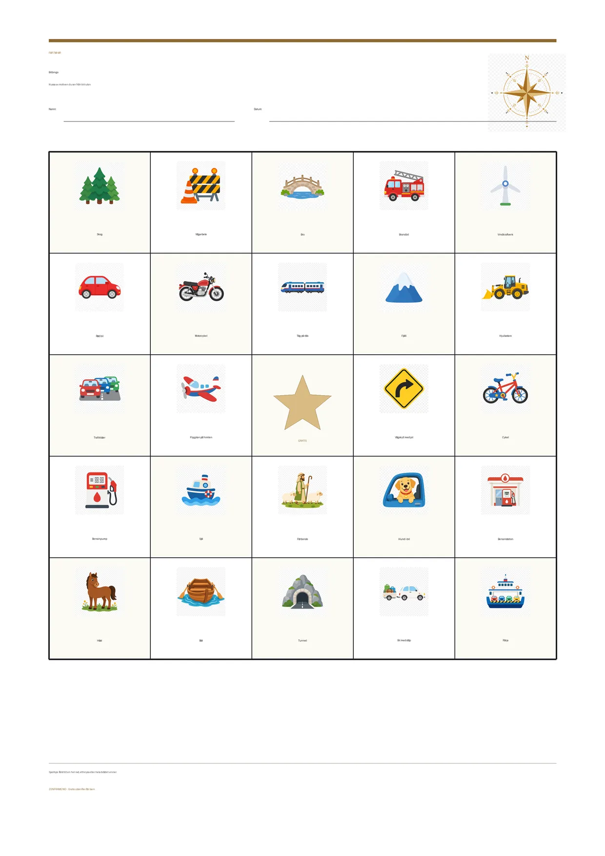 Bilbingo för barn 7–9 år – gratis utskrivbart A4-bräde