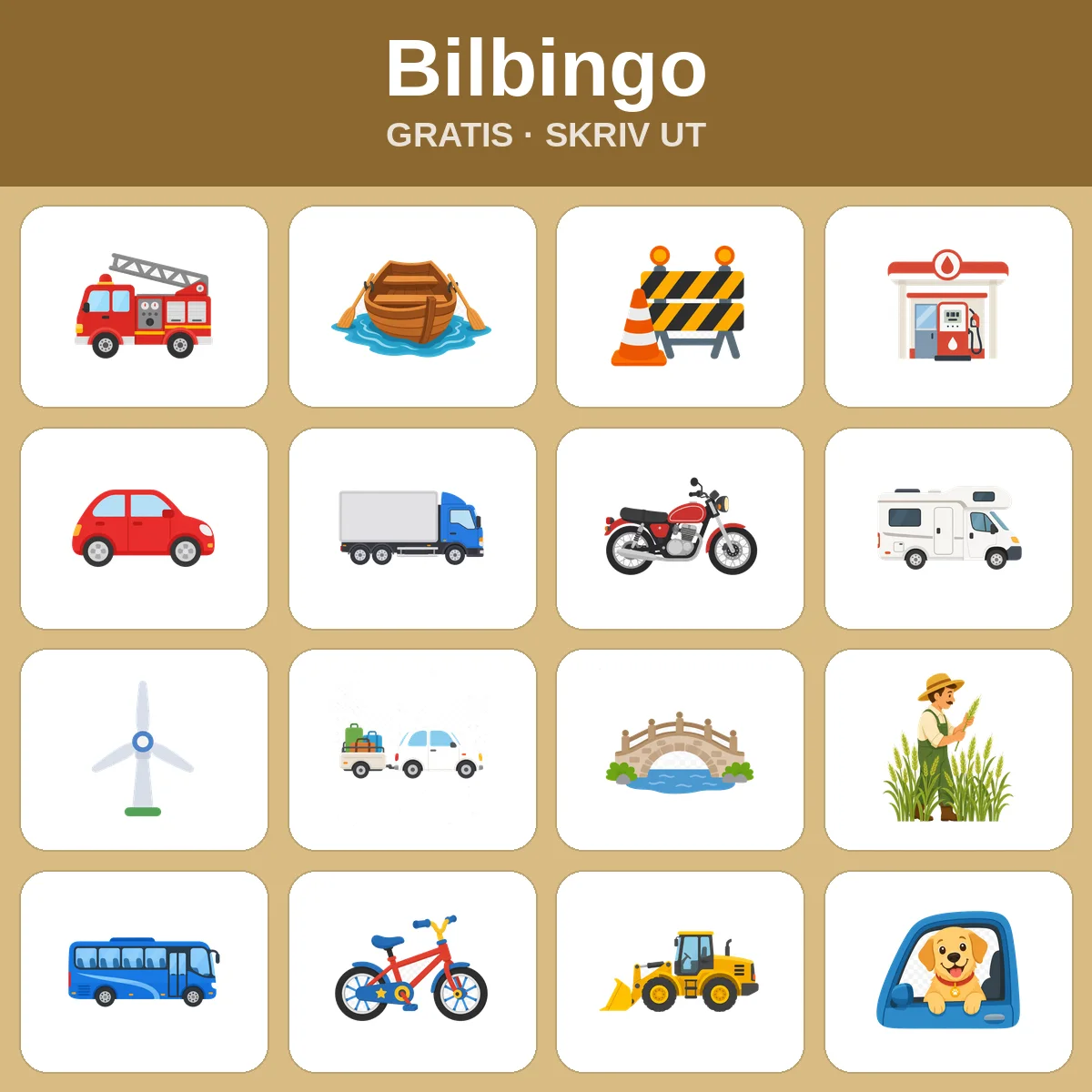 Bilbingo – gratis bingo att skriva ut för barn