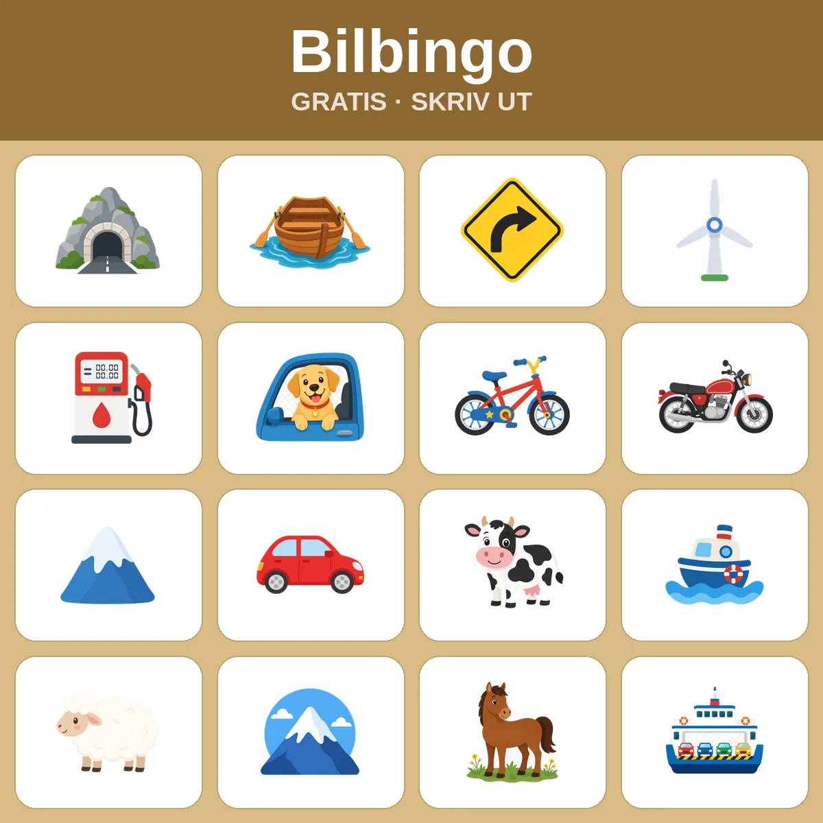 Bilbingo – gratis bingo til utskrift for barn