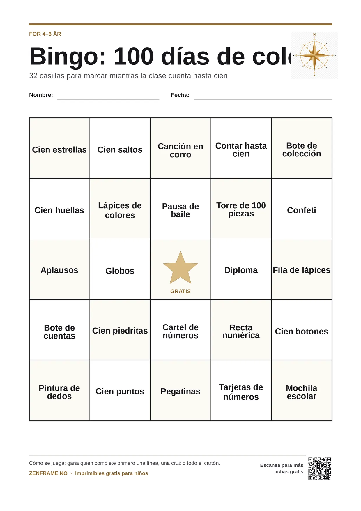 Bingo: 100 días de colegio para niños 4–6 años – tablero A4 gratis para imprimir