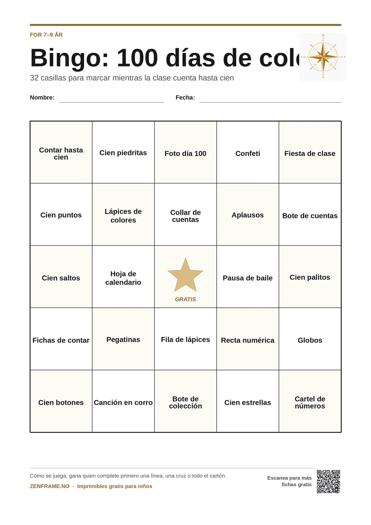 Bingo: 100 días de colegio para niños 7–9 años – tablero A4 gratis para imprimir