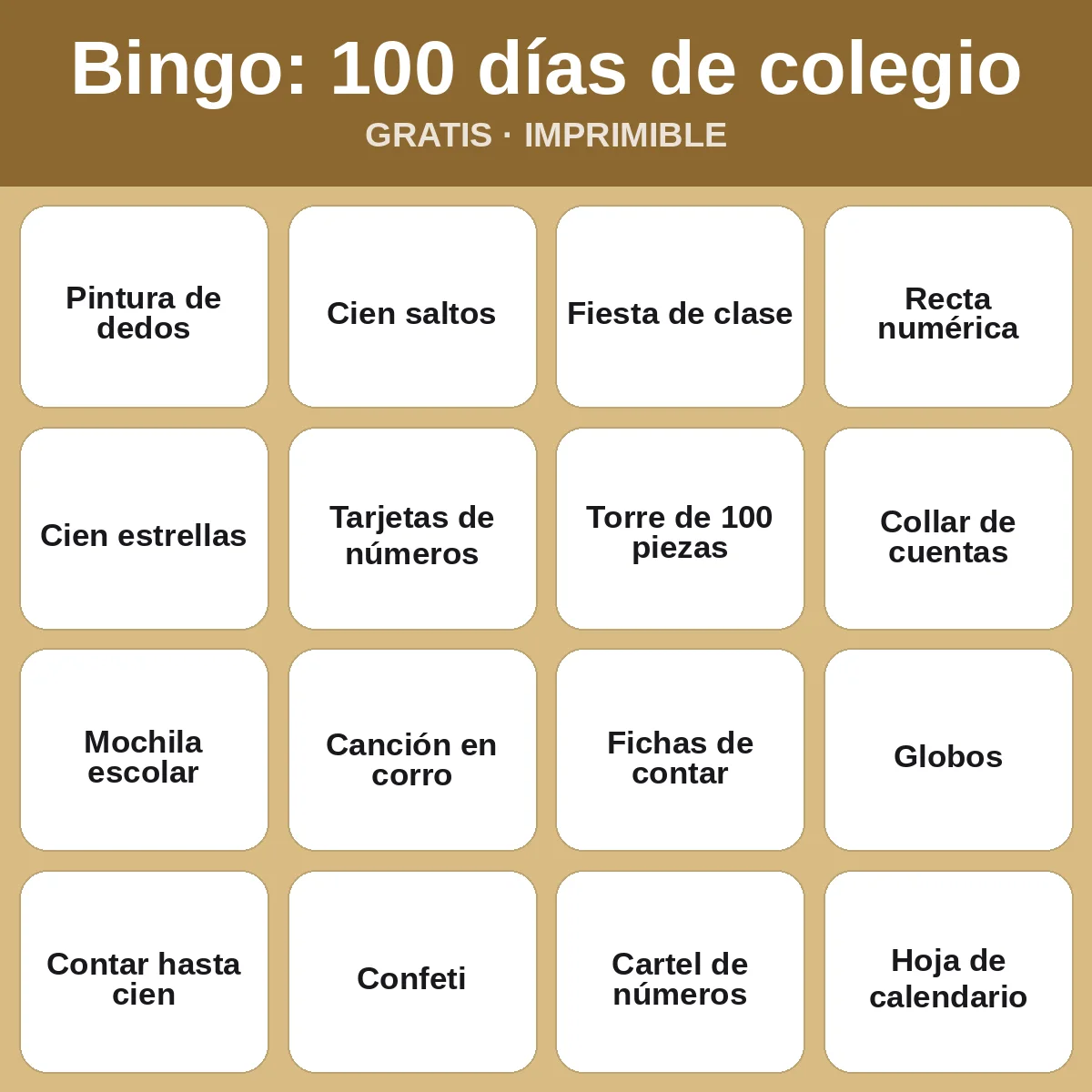 Bingo: 100 días de colegio – bingo gratis para imprimir para niños