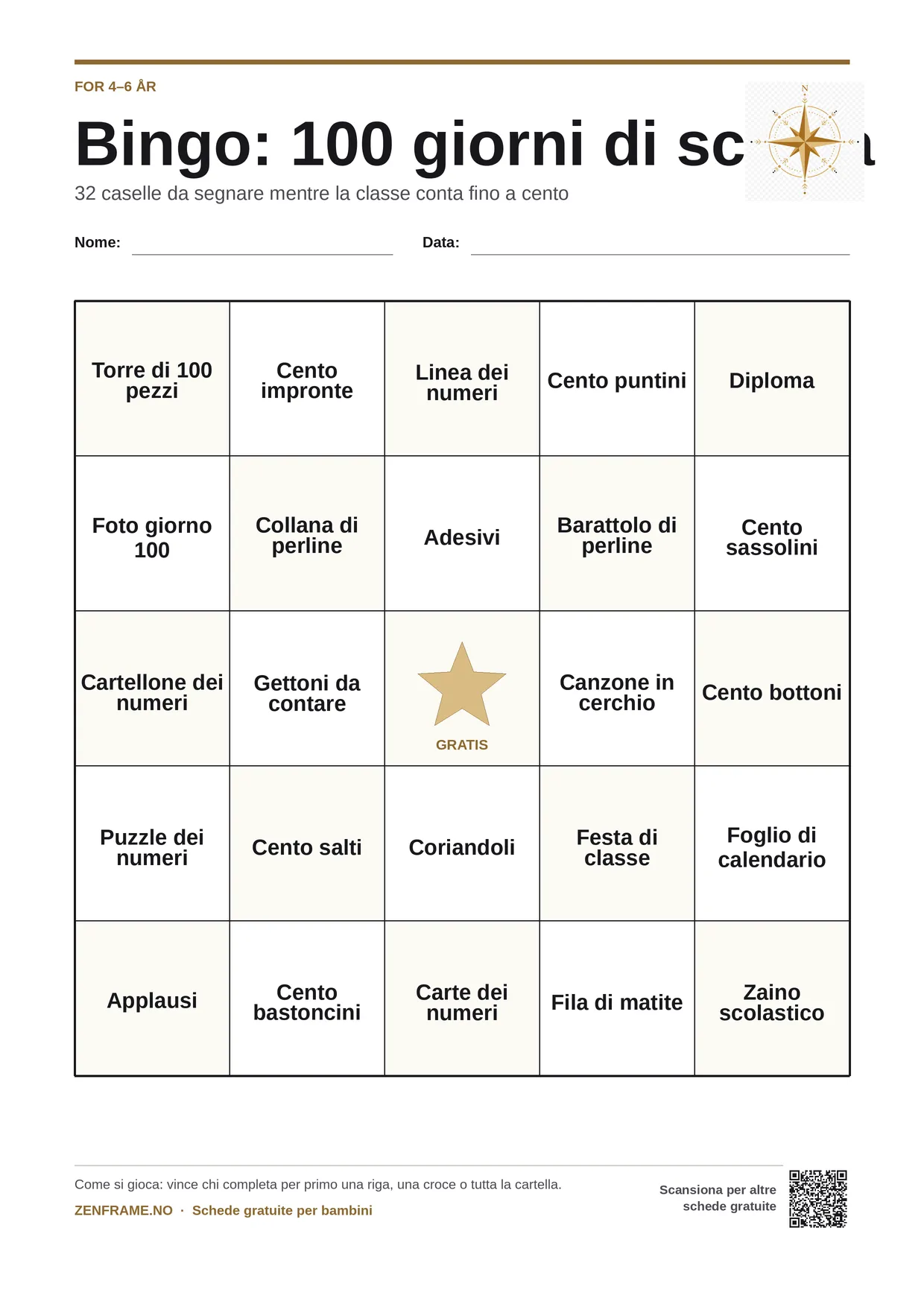 Bingo: 100 giorni di scuola per bambini 4–6 anni – cartella A4 gratis da stampare