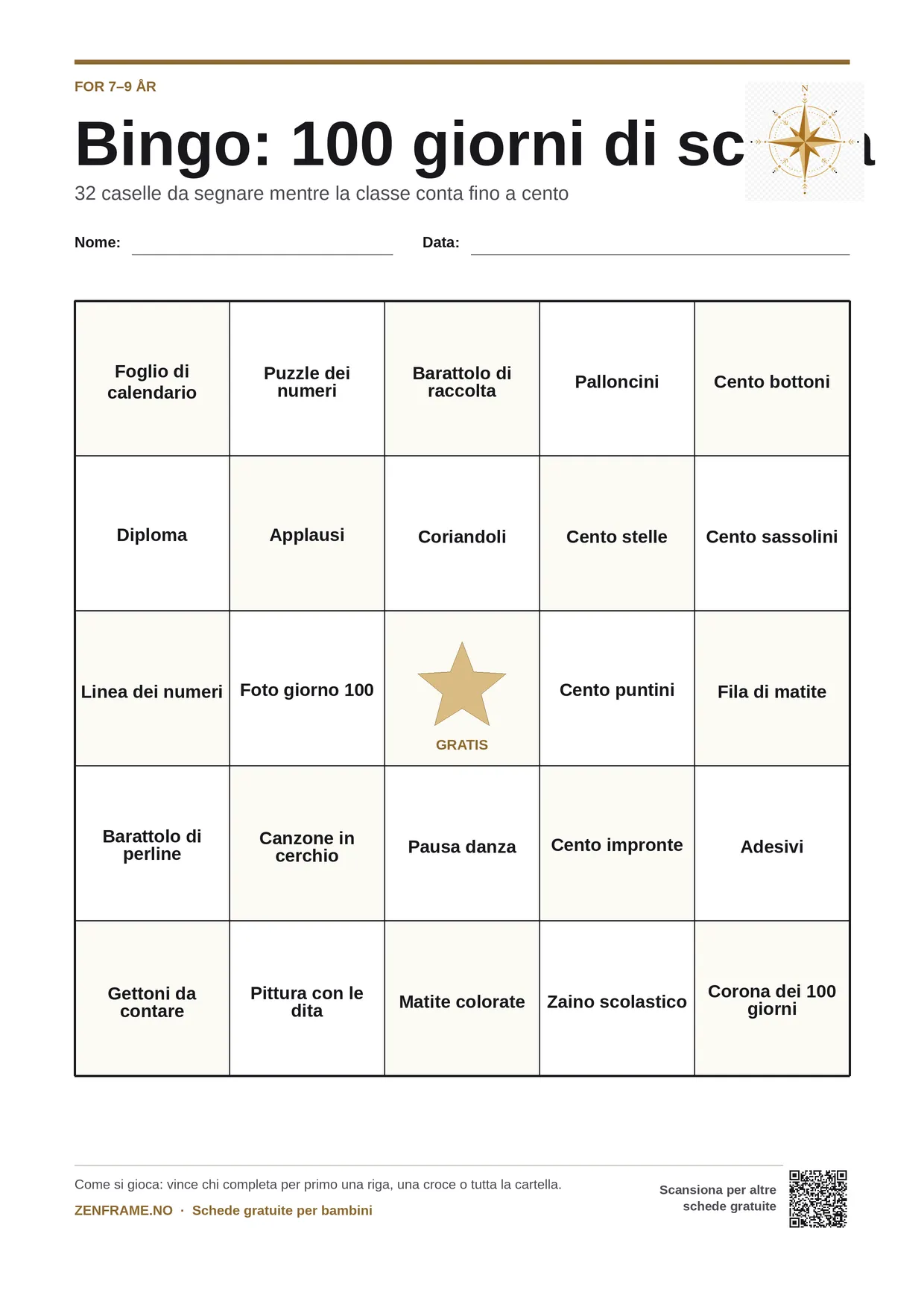 Bingo: 100 giorni di scuola per bambini 7–9 anni – cartella A4 gratis da stampare