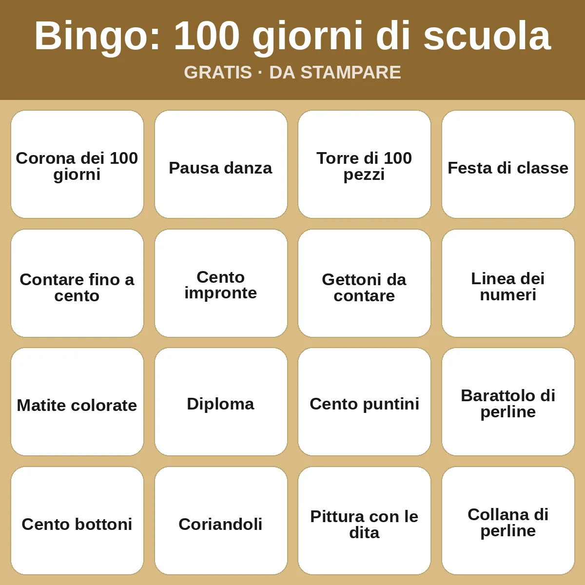 Bingo: 100 giorni di scuola – bingo gratis da stampare per bambini