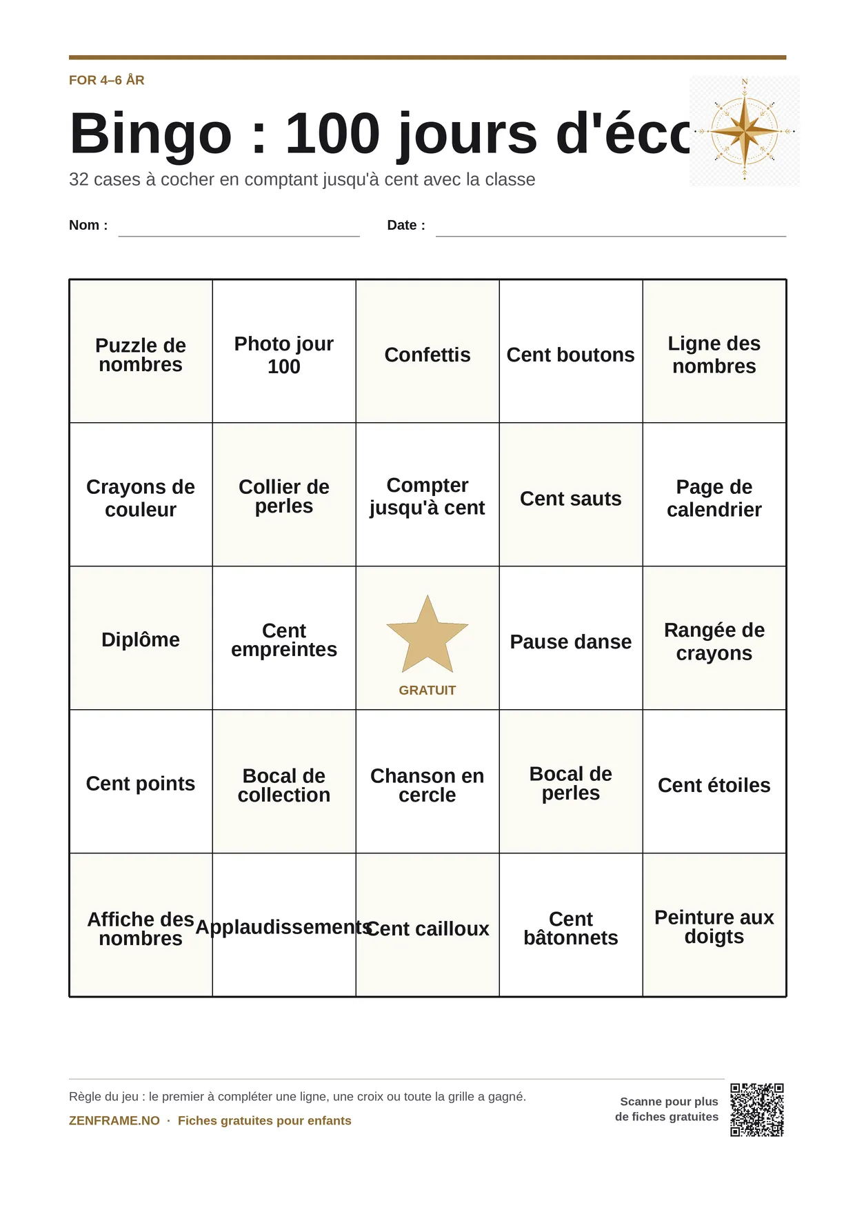 Bingo : 100 jours d'école pour enfants 4–6 ans – planche A4 gratuite à imprimer