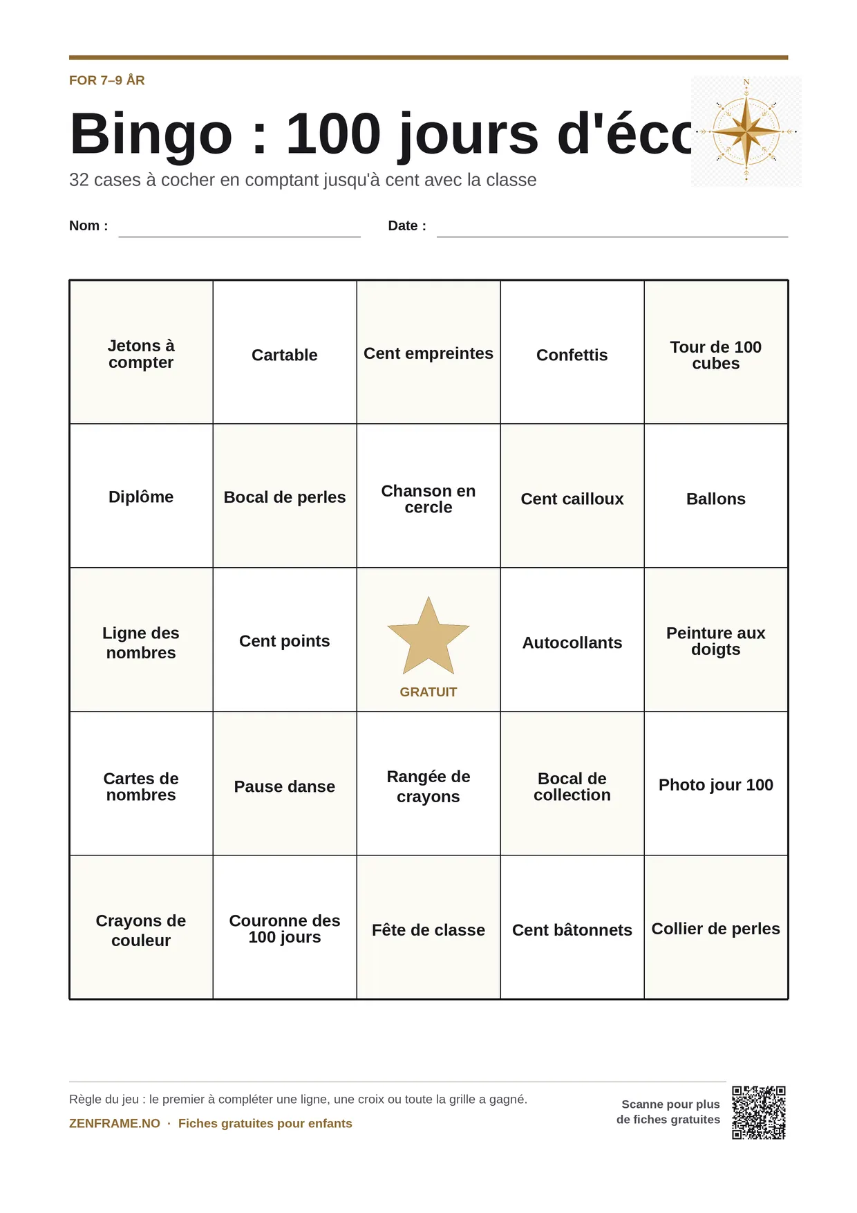 Bingo : 100 jours d'école pour enfants 7–9 ans – planche A4 gratuite à imprimer