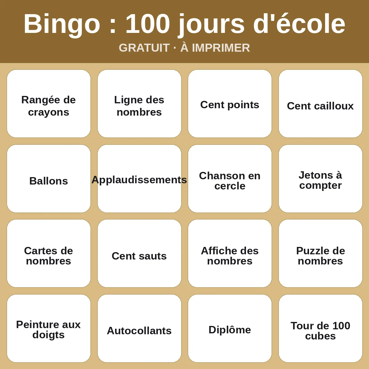 Bingo : 100 jours d'école – bingo gratuit à imprimer pour enfants