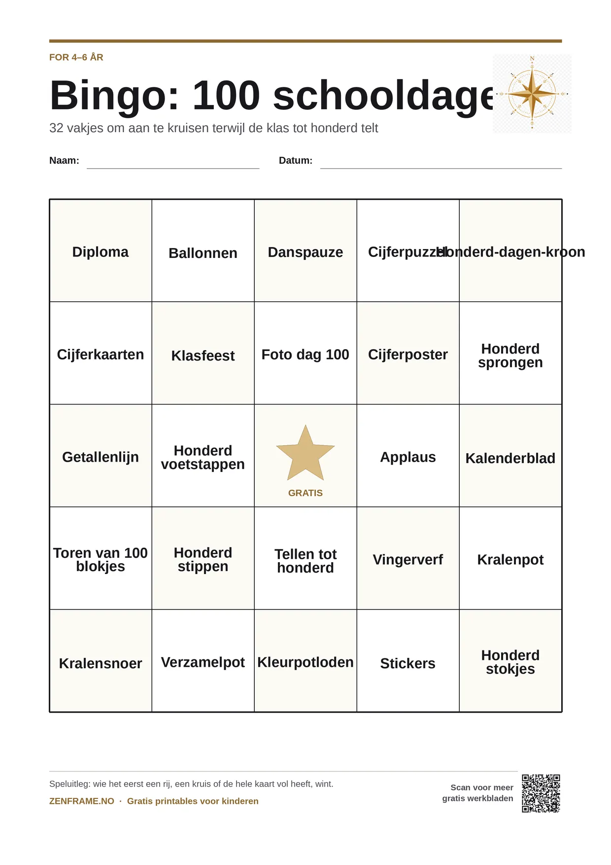 Bingo: 100 schooldagen voor kinderen 4–6 jaar – gratis printbare A4-kaart