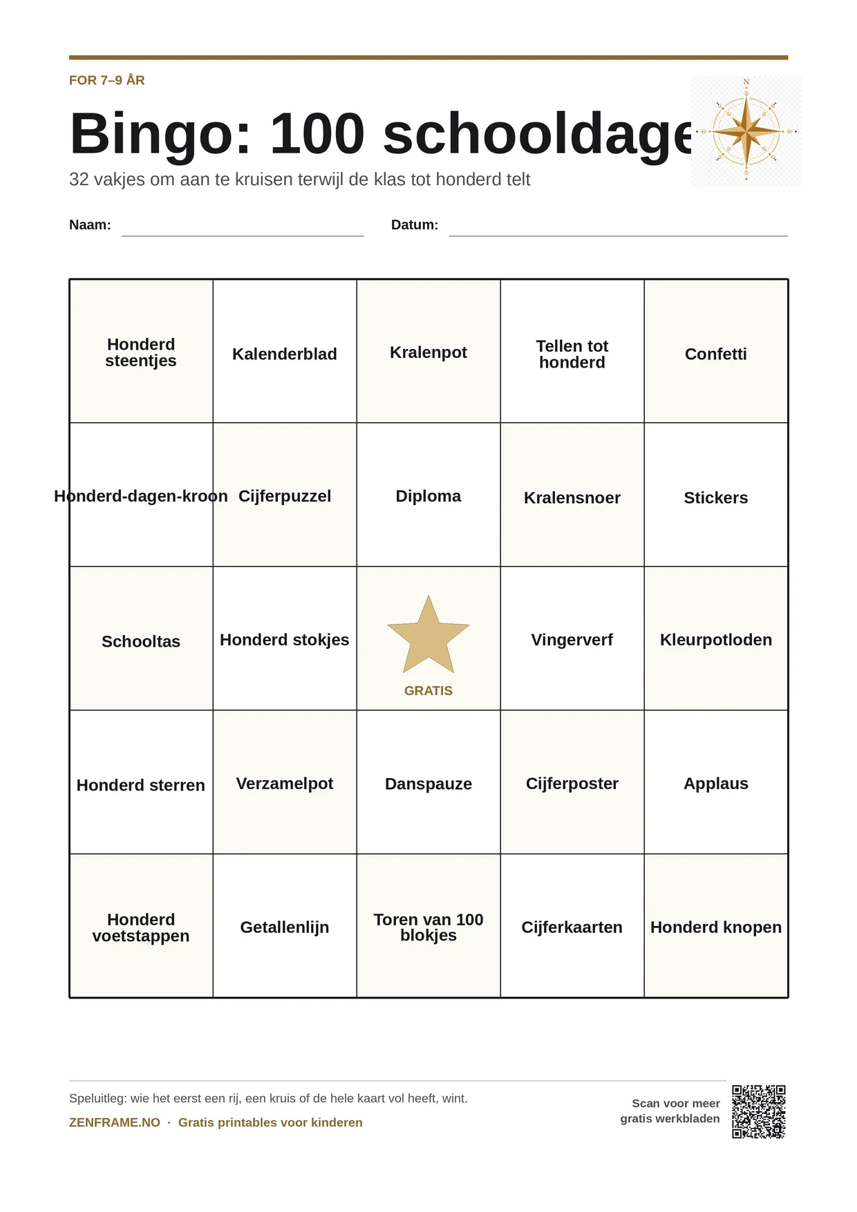 Bingo: 100 schooldagen voor kinderen 7–9 jaar – gratis printbare A4-kaart