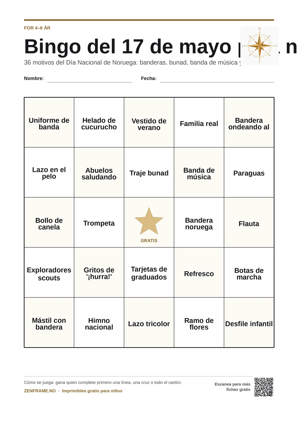 Bingo del 17 de mayo para niños 4–6 años – tablero A4 gratis para imprimir