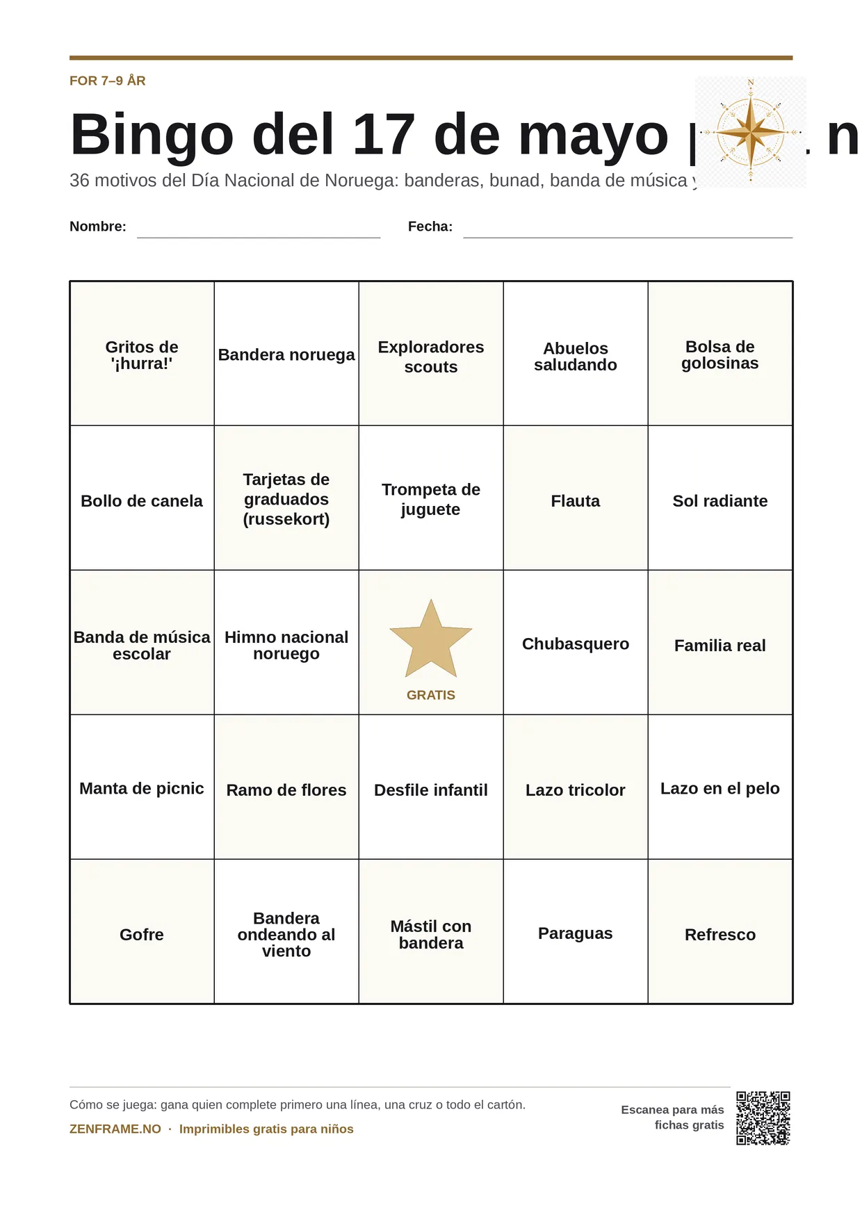 Bingo del 17 de mayo para niños 7–9 años – tablero A4 gratis para imprimir