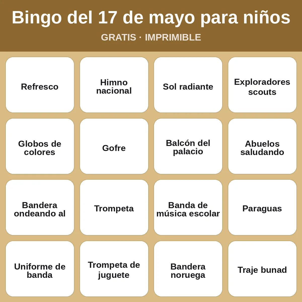 Bingo del 17 de mayo para niños – bingo gratis para imprimir para niños