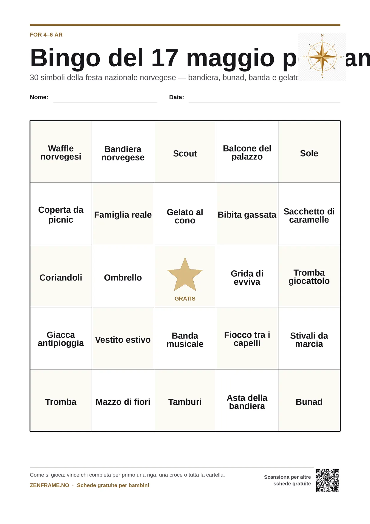 Bingo del 17 maggio per bambini 4–6 anni – cartella A4 gratis da stampare