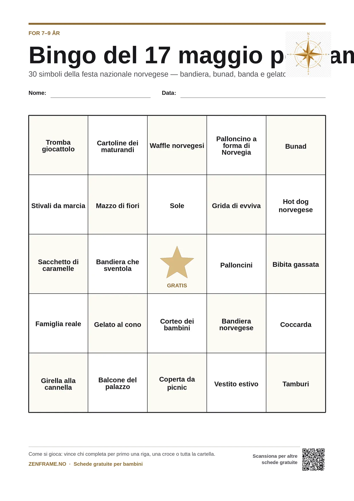 Bingo del 17 maggio per bambini 7–9 anni – cartella A4 gratis da stampare