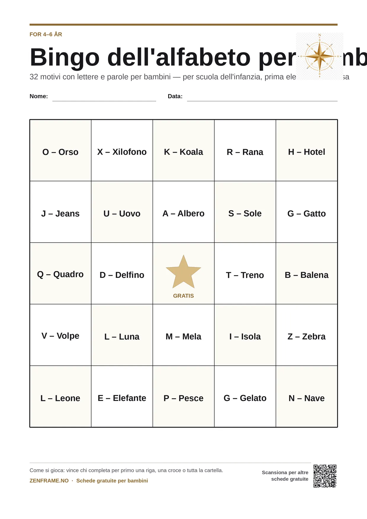 Bingo dell'alfabeto per bambini 4–6 anni – cartella A4 gratis da stampare