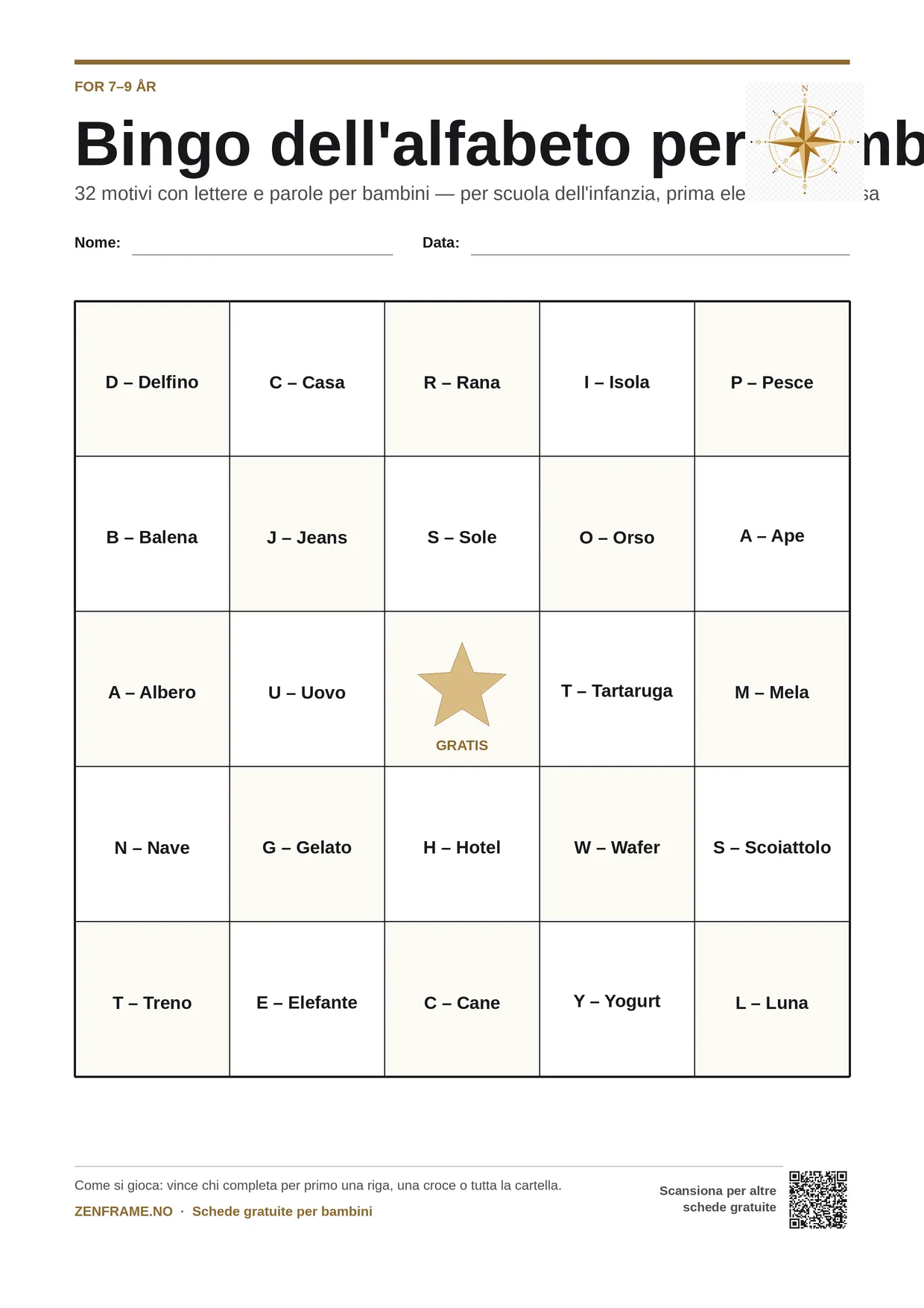 Bingo dell'alfabeto per bambini 7–9 anni – cartella A4 gratis da stampare