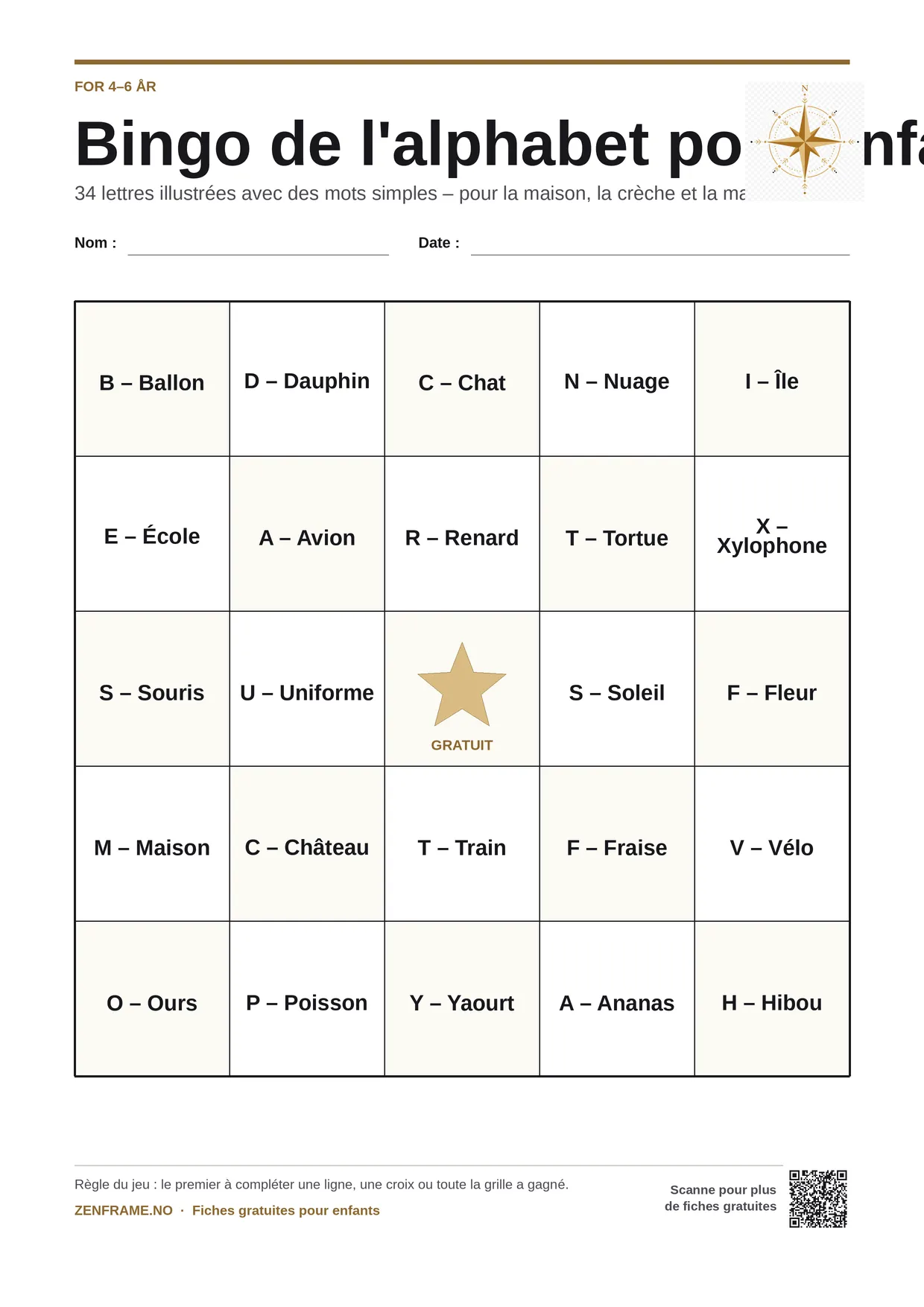 Bingo de l'alphabet pour enfants 4–6 ans – planche A4 gratuite à imprimer