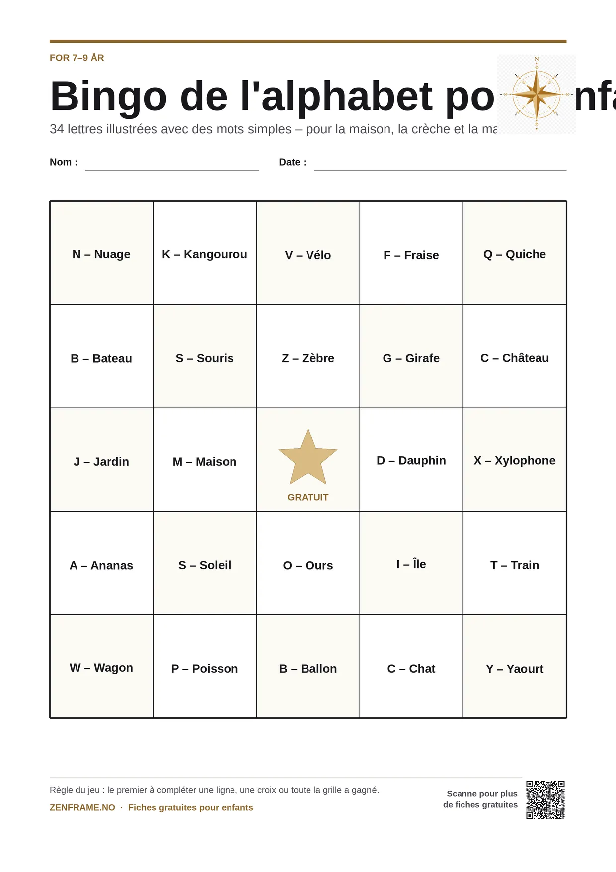 Bingo de l'alphabet pour enfants 7–9 ans – planche A4 gratuite à imprimer