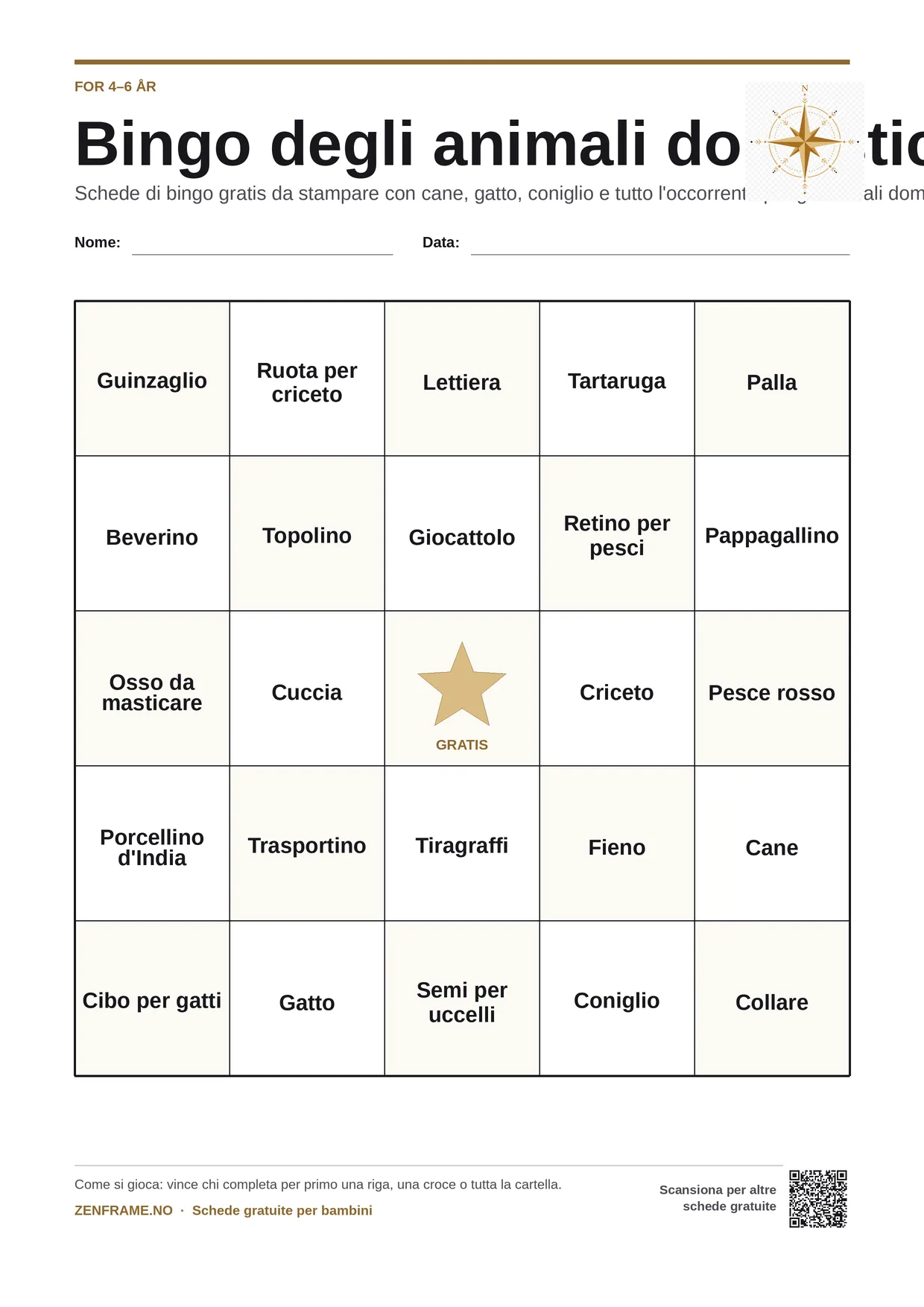 Bingo degli animali domestici per bambini 4–6 anni – cartella A4 gratis da stampare