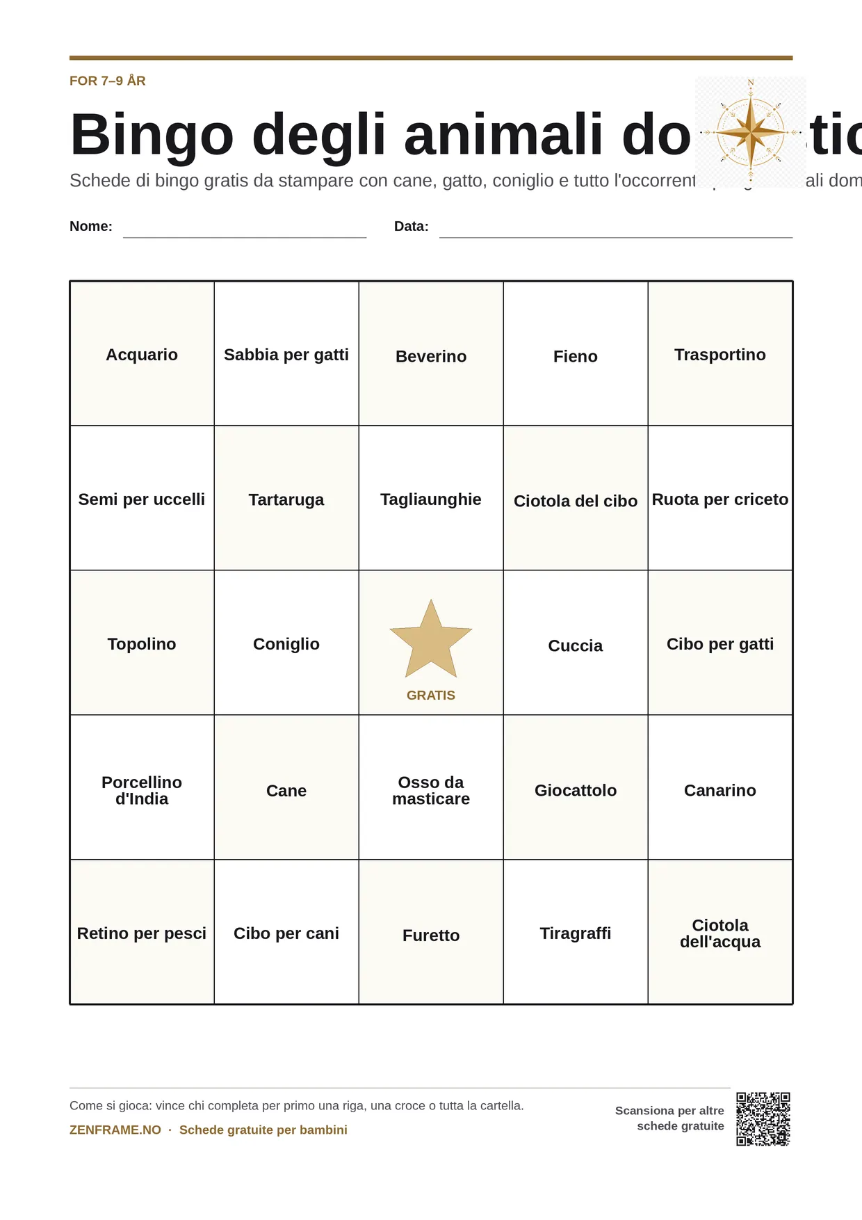 Bingo degli animali domestici per bambini 7–9 anni – cartella A4 gratis da stampare