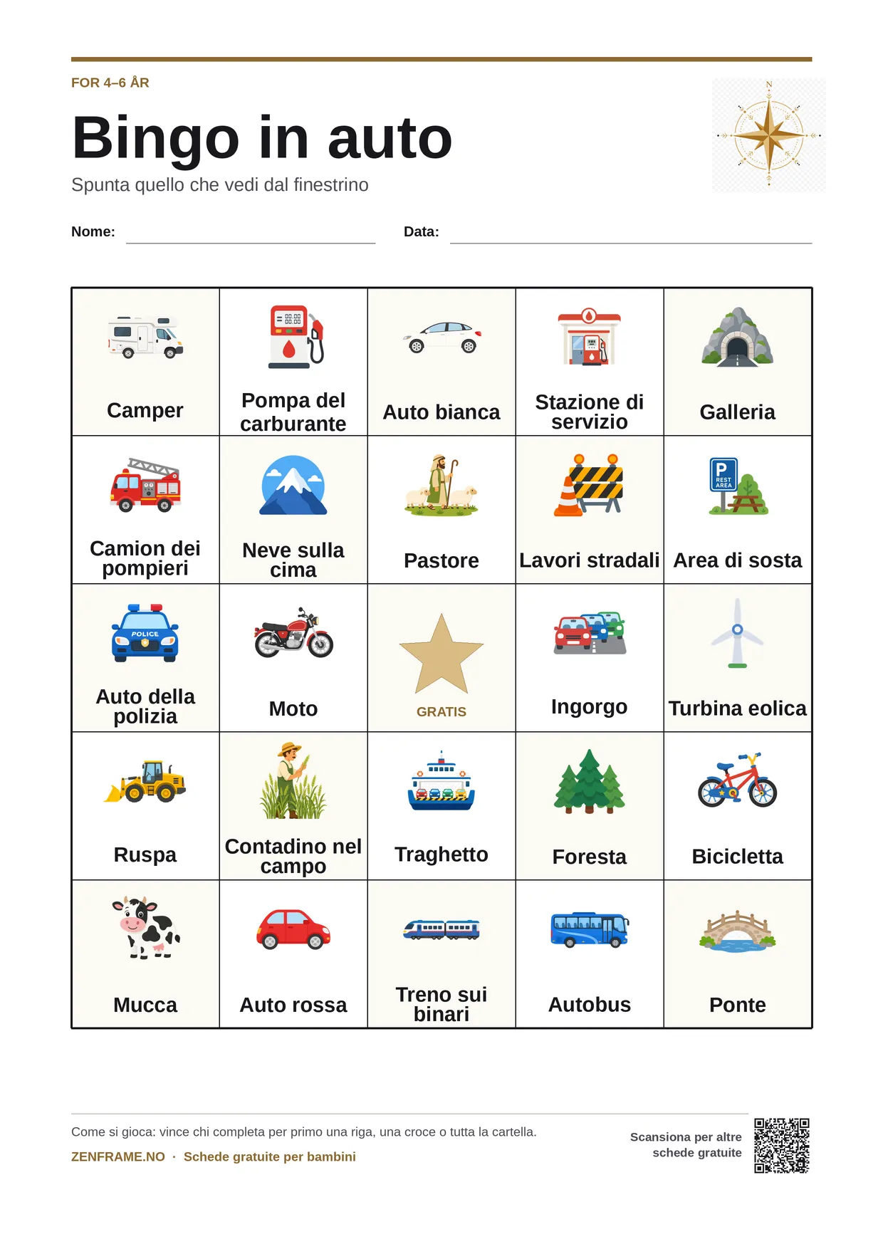 Bingo in auto per bambini 4–6 anni – cartella A4 gratis da stampare