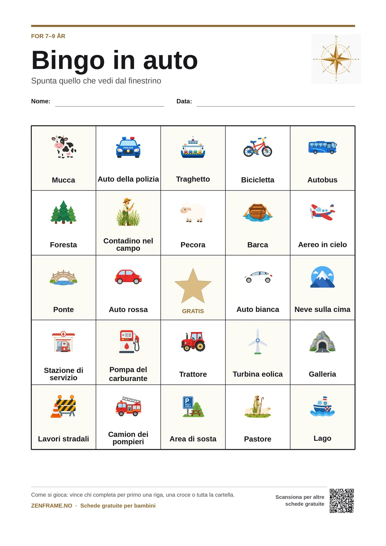 Bingo in auto per bambini 7–9 anni – cartella A4 gratis da stampare
