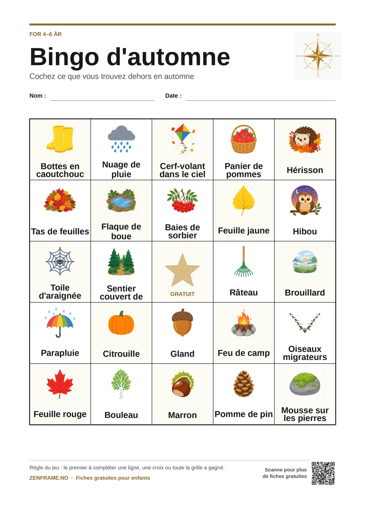 Bingo d'automne pour enfants 4–6 ans – planche A4 gratuite à imprimer