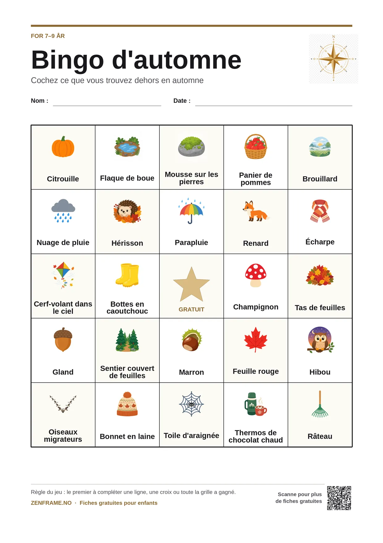 Bingo d'automne pour enfants 7–9 ans – planche A4 gratuite à imprimer