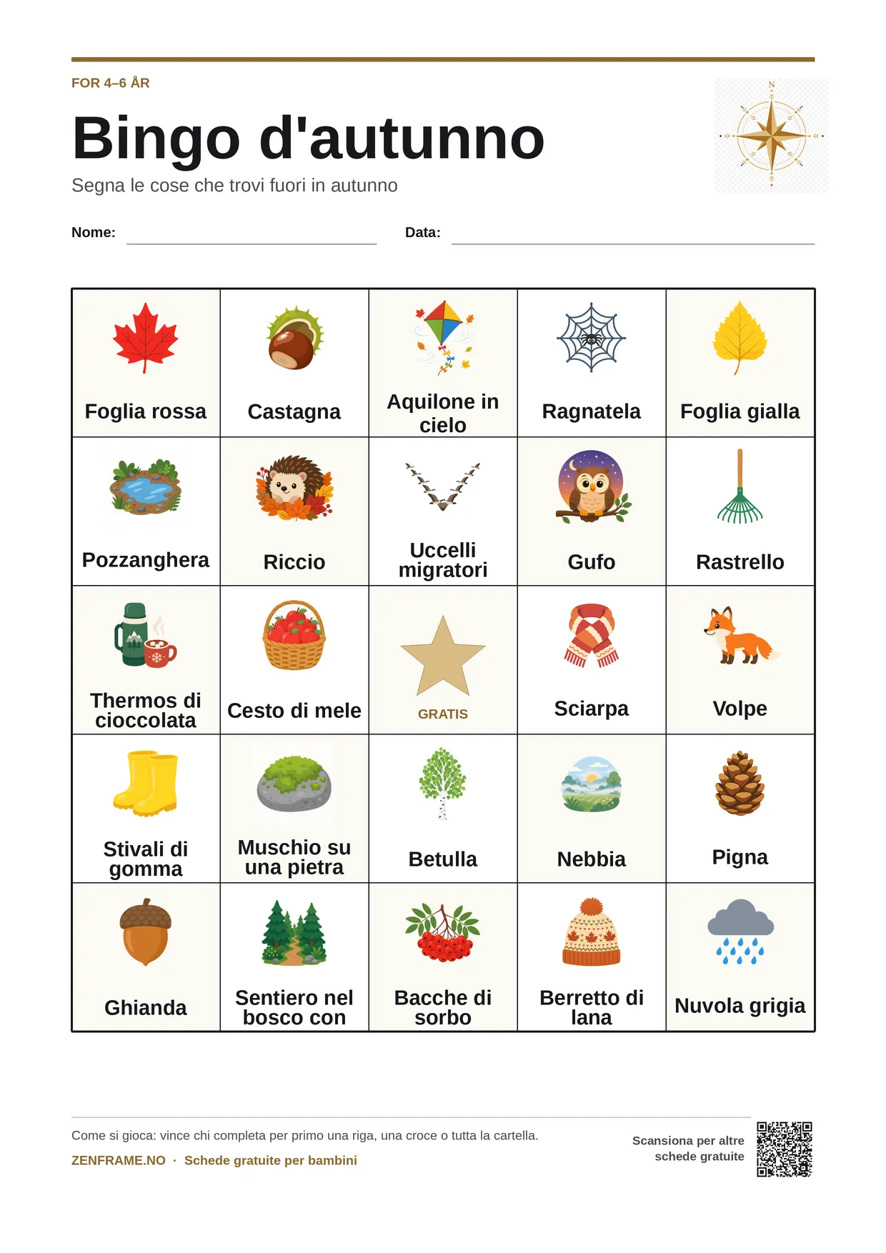 Bingo d'autunno per bambini 4–6 anni – cartella A4 gratis da stampare
